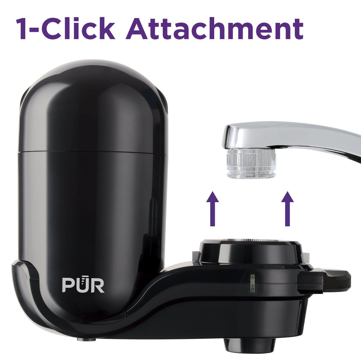 PUR water filter attachment with 1-click feature on a white background