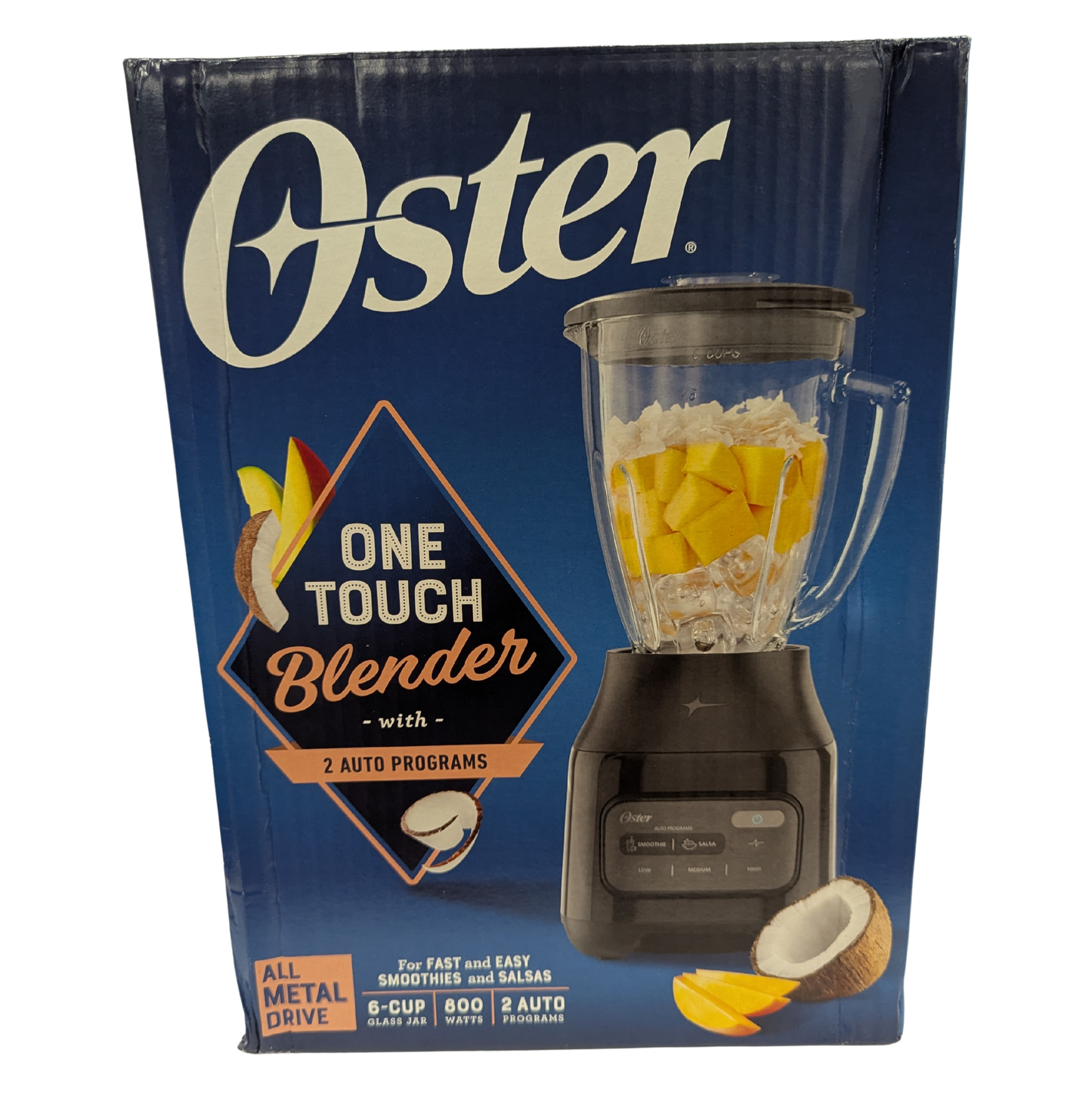 Oster one-touch blender packaging with images of ingredients on a blue background