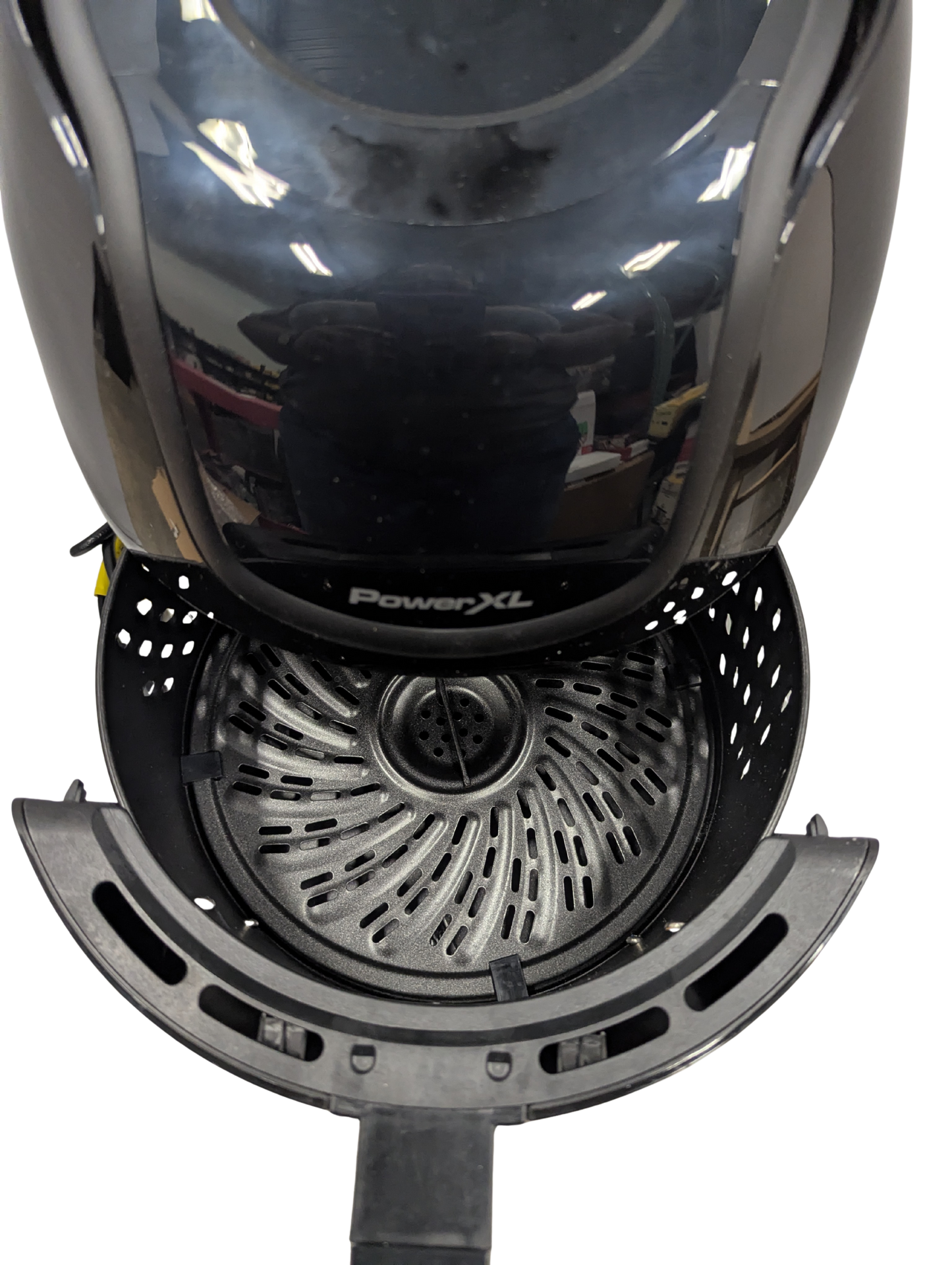 Black air fryer with 'PowerXL' branding on a white background