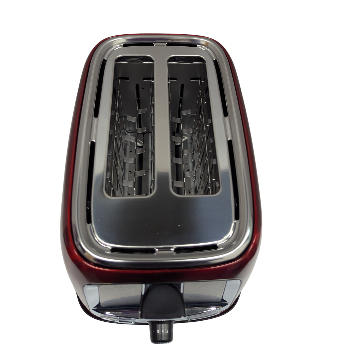 Toaster with red and silver design on a white background