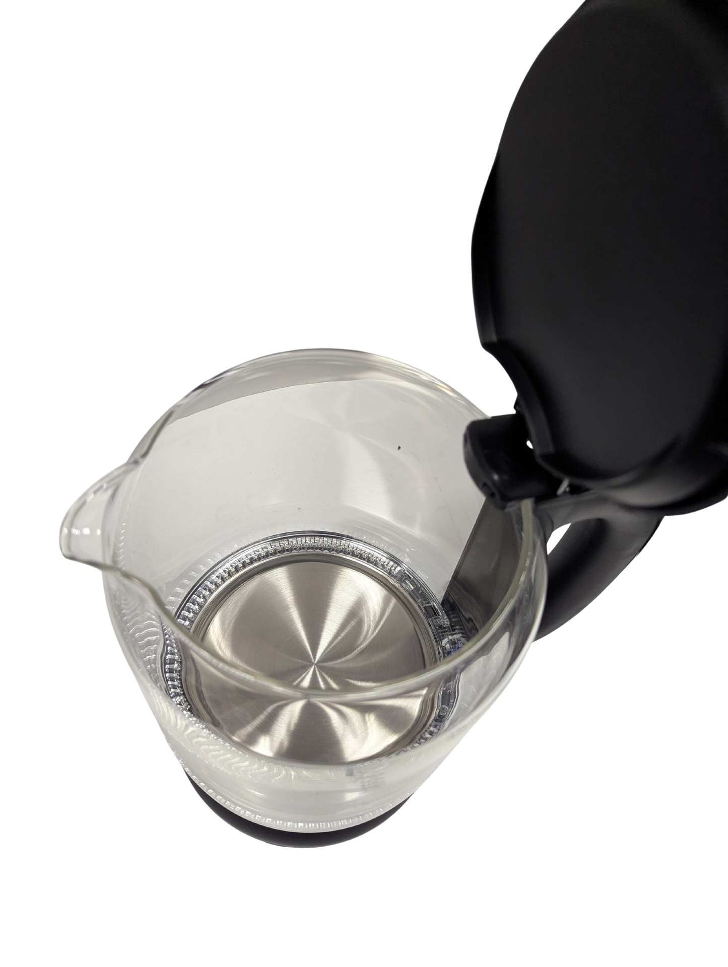 Clear glass teapot with black lid on a white background