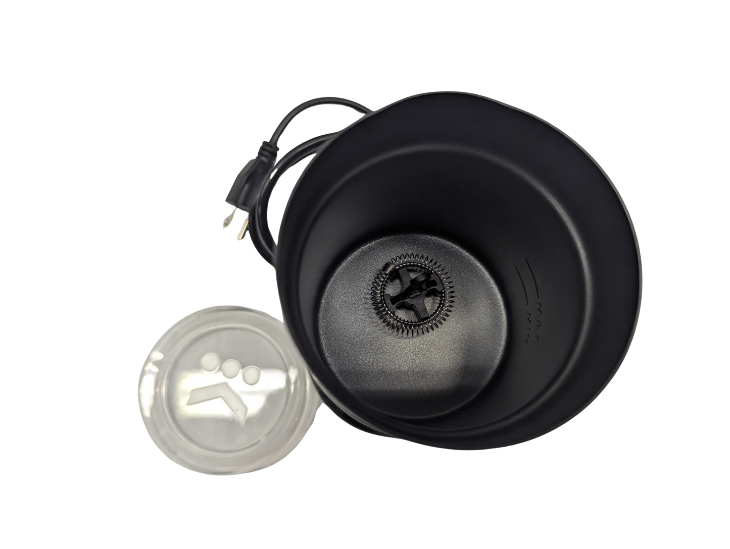 Black portable coffee maker with a clear lid on a white background