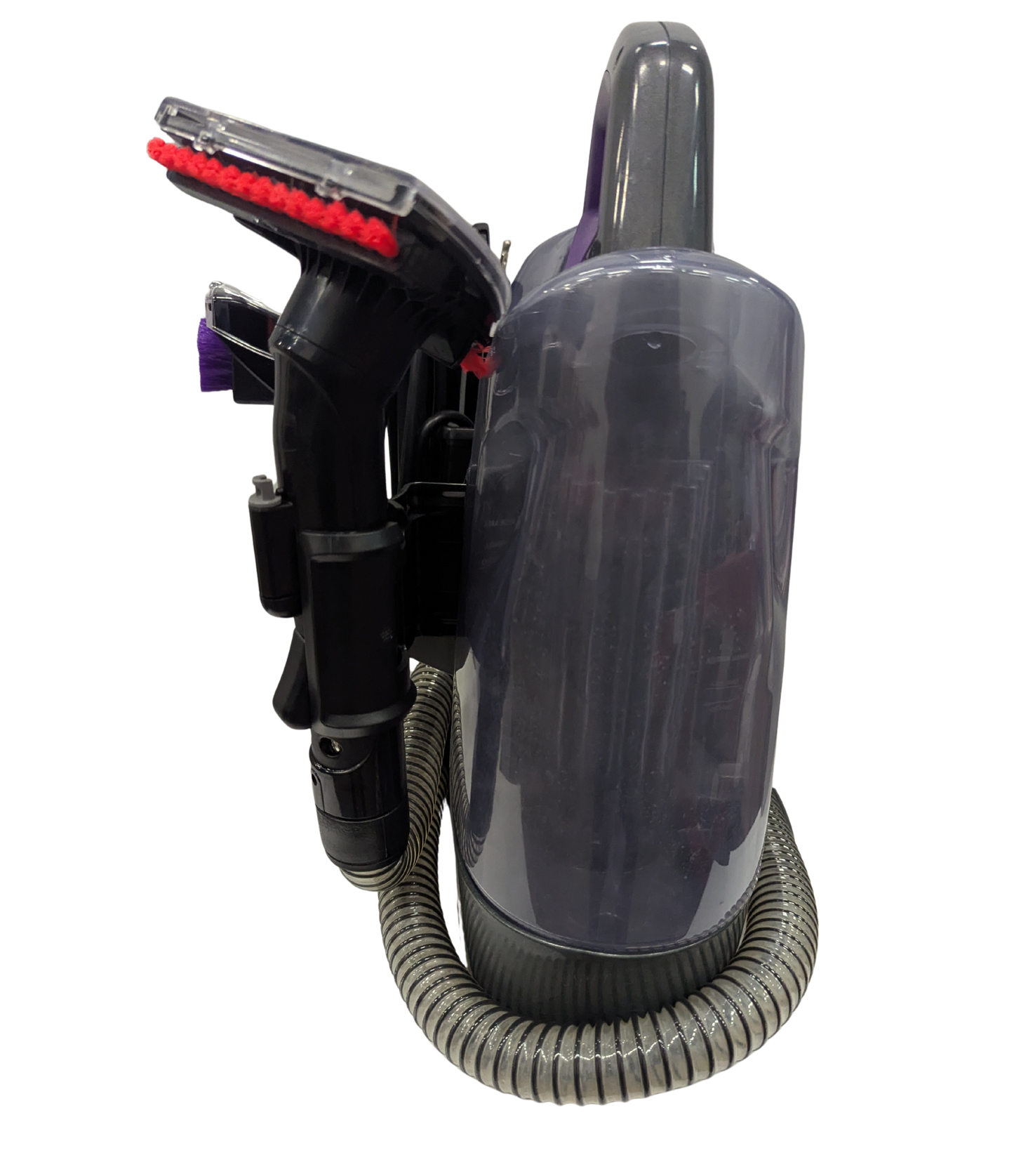 Black handheld vacuum cleaner with hose on a white background