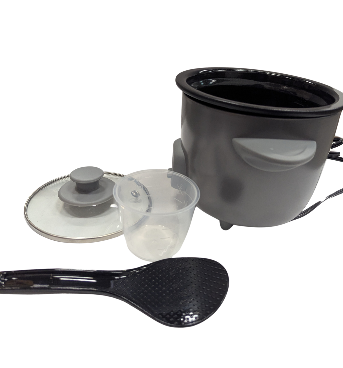 Black rice cooker with accessories on a white background