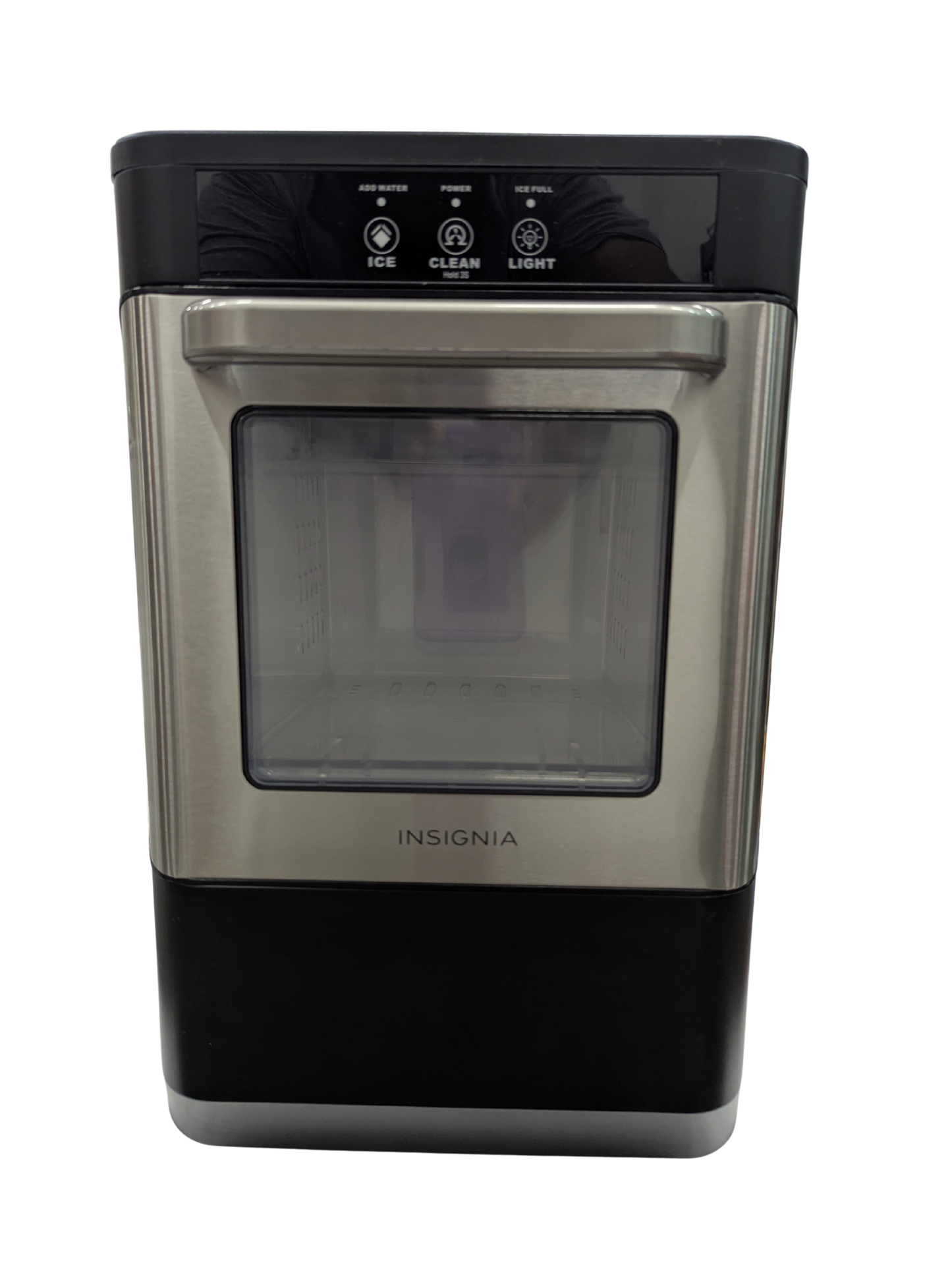 Stainless steel and black ice maker with 'Insignia' branding on a white background