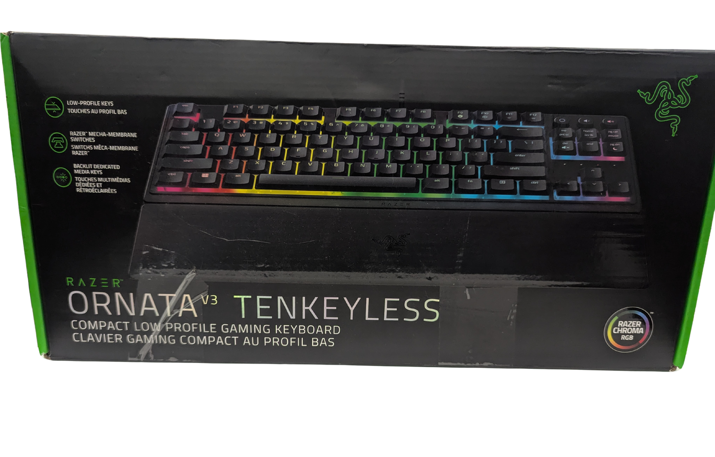 Razer Ornata V3 Tenkeyless gaming keyboard packaging on a white background