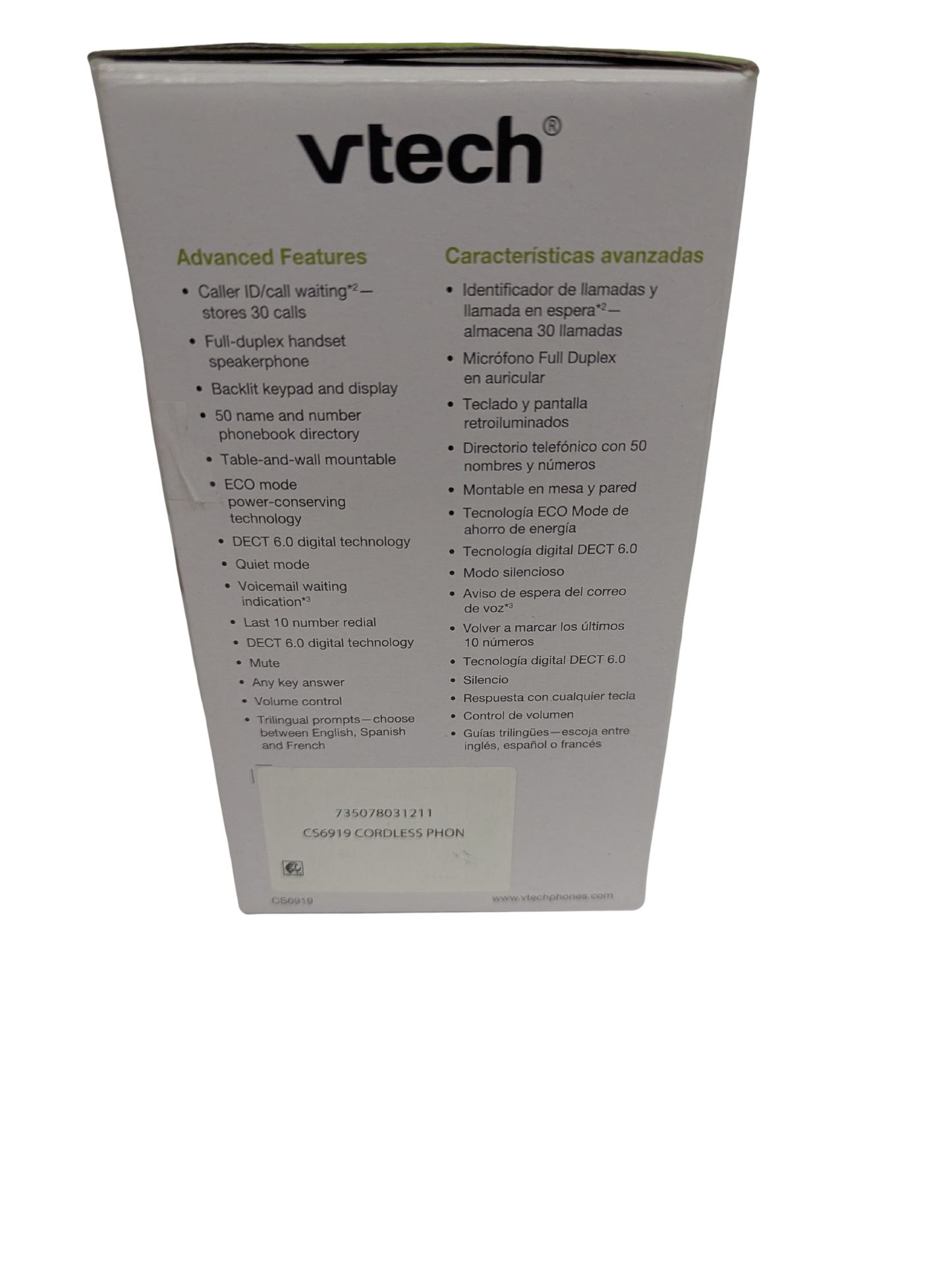Vtech product packaging with features listed on a white background