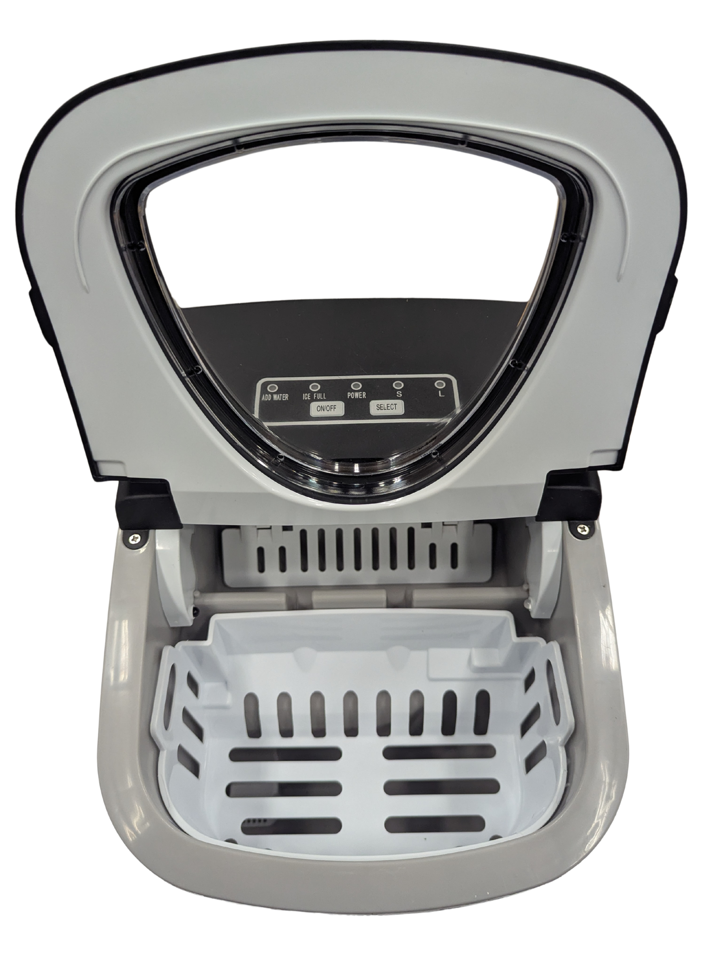Gray and black electronic device with a transparent lid on a white background