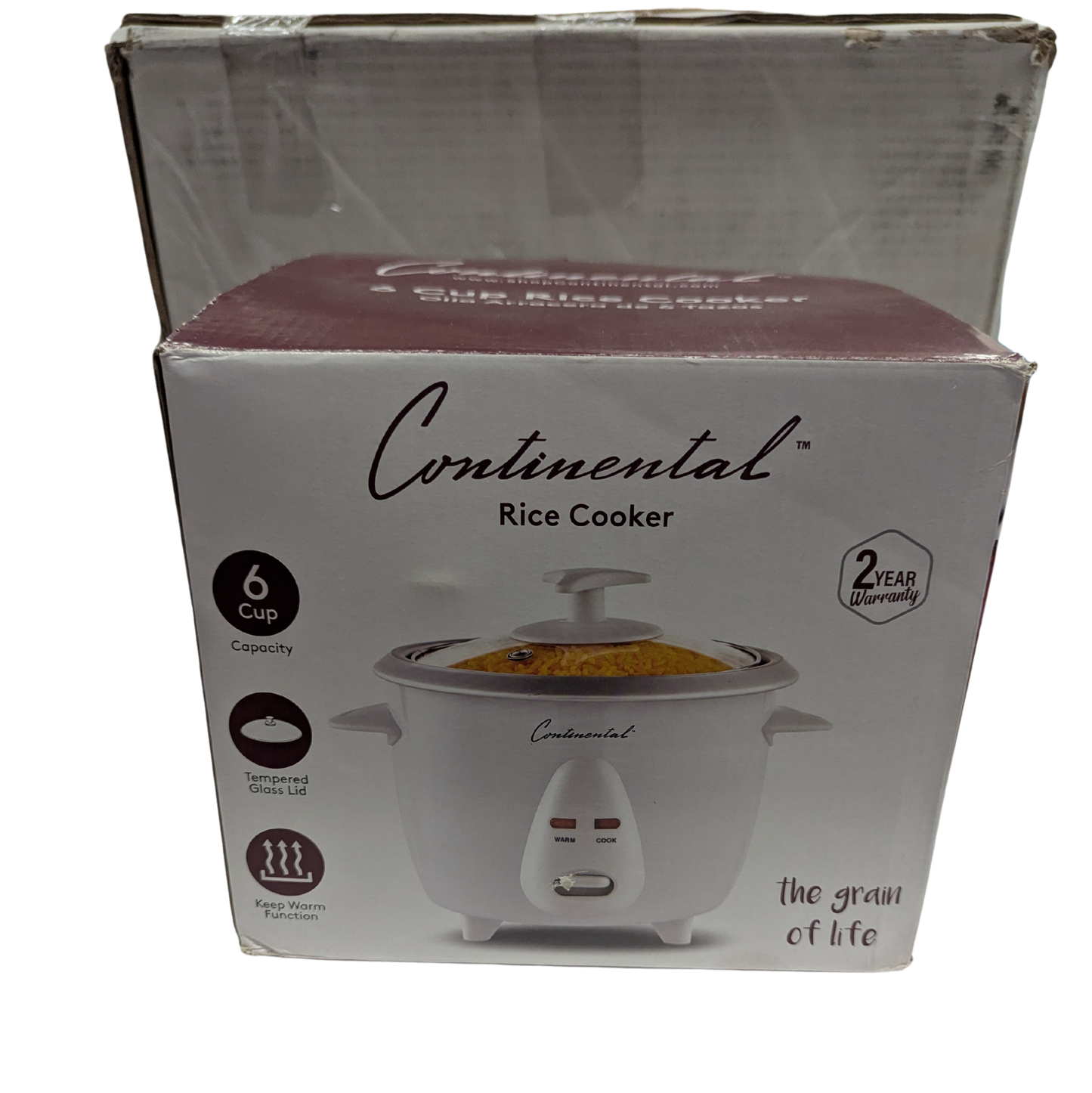 Boxed Continental Rice Cooker with branding and product details on a white background