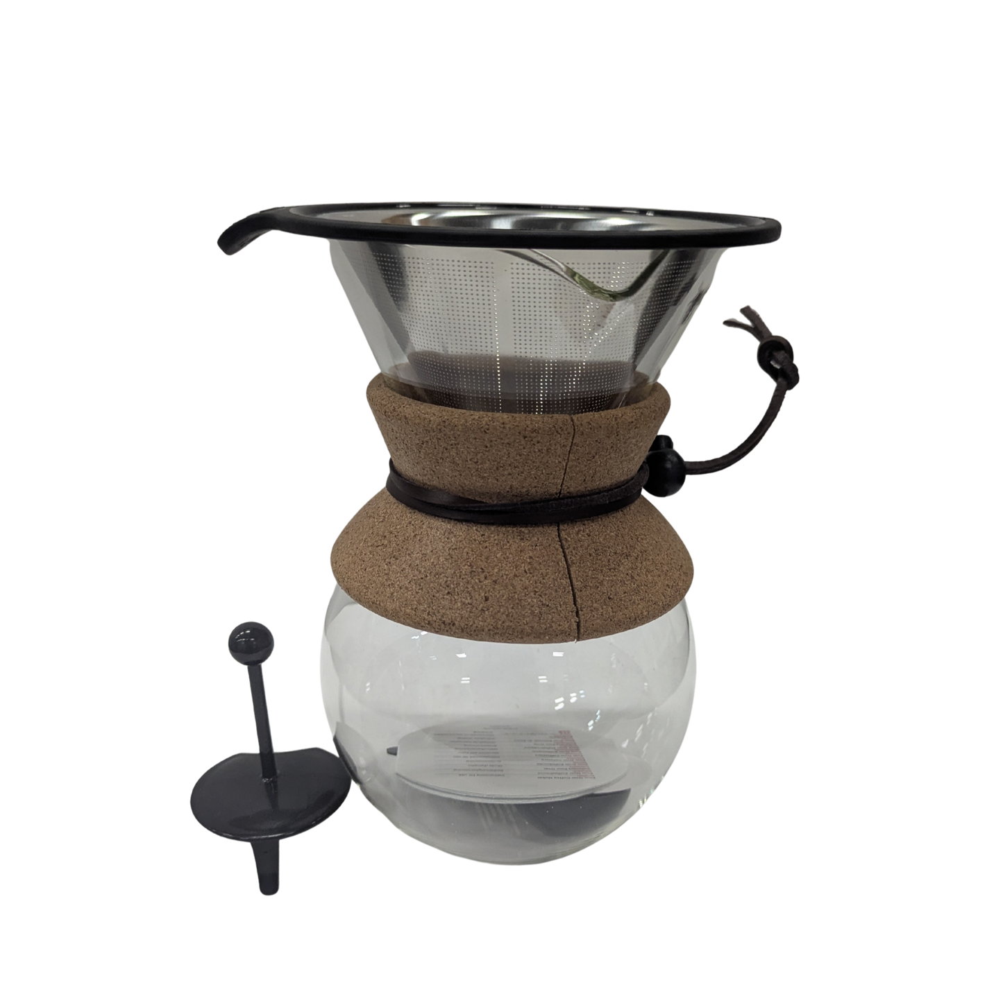 Clear glass coffee brewer with brown sleeve and black lid on a white background