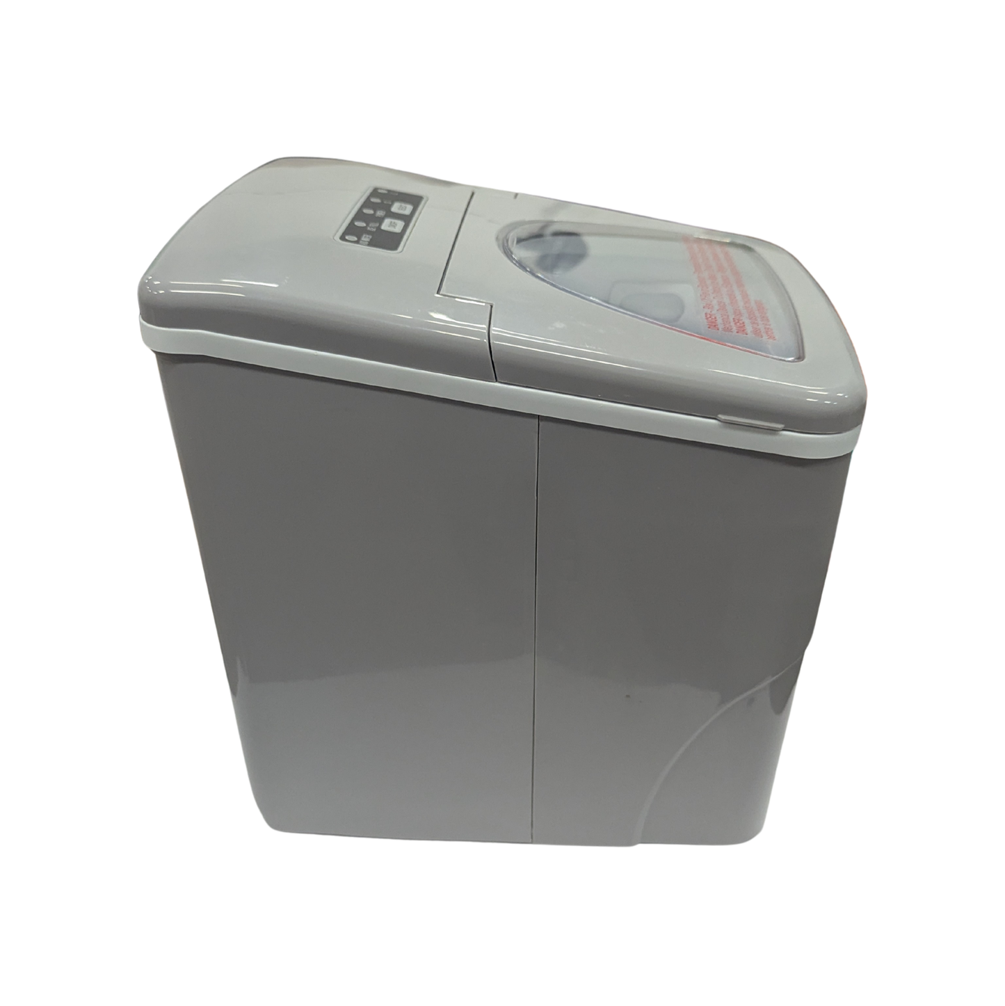 Gray trash bin with a lid on a white background