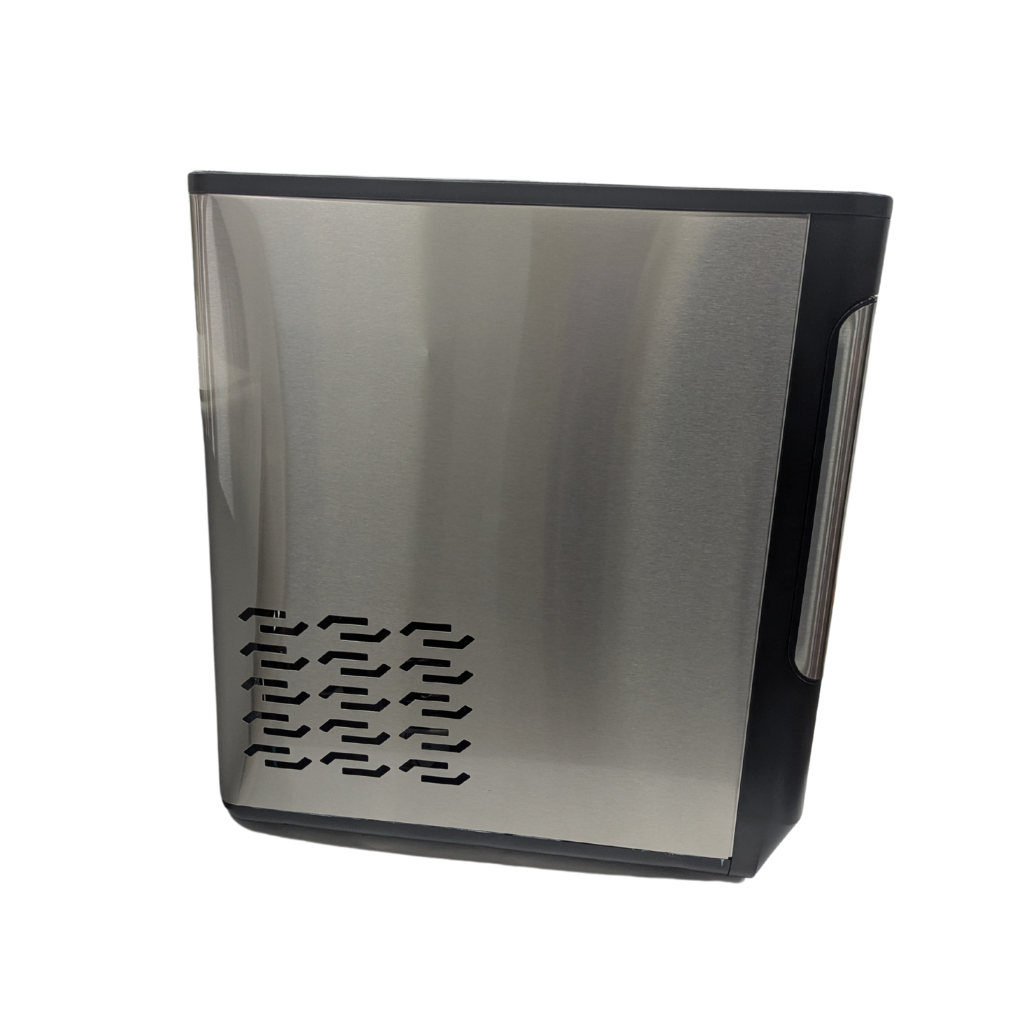 Metallic rectangular object with a textured surface on a white background