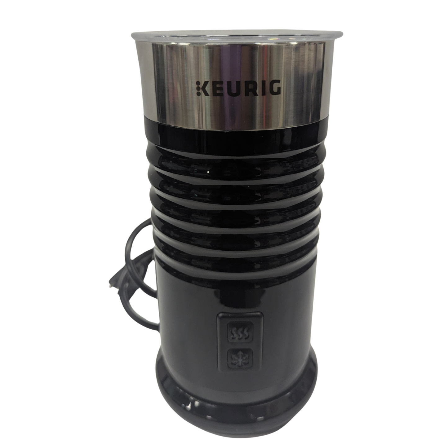 Black and silver Keurig coffee maker on a white background