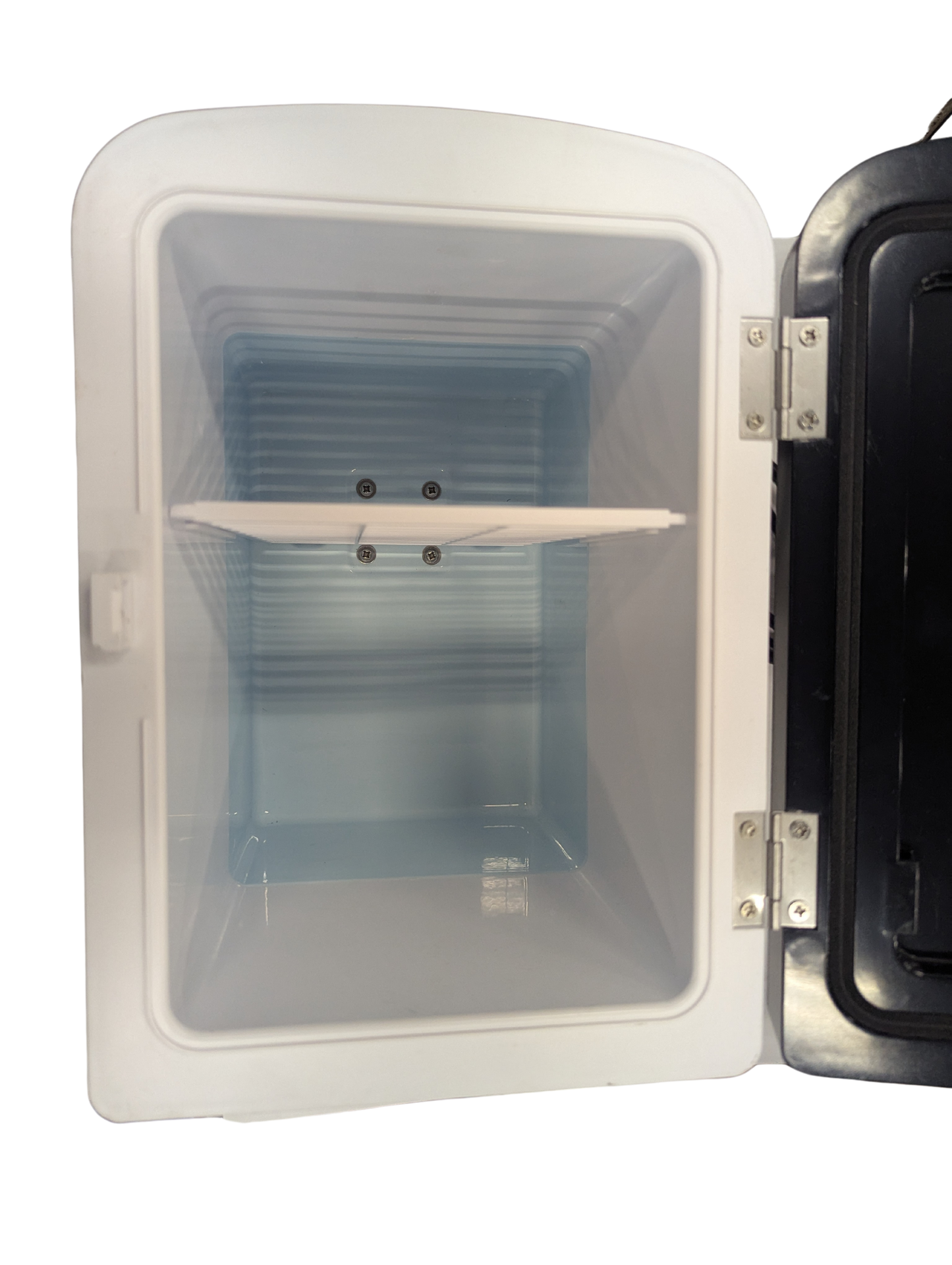White freezer with open door on a white background