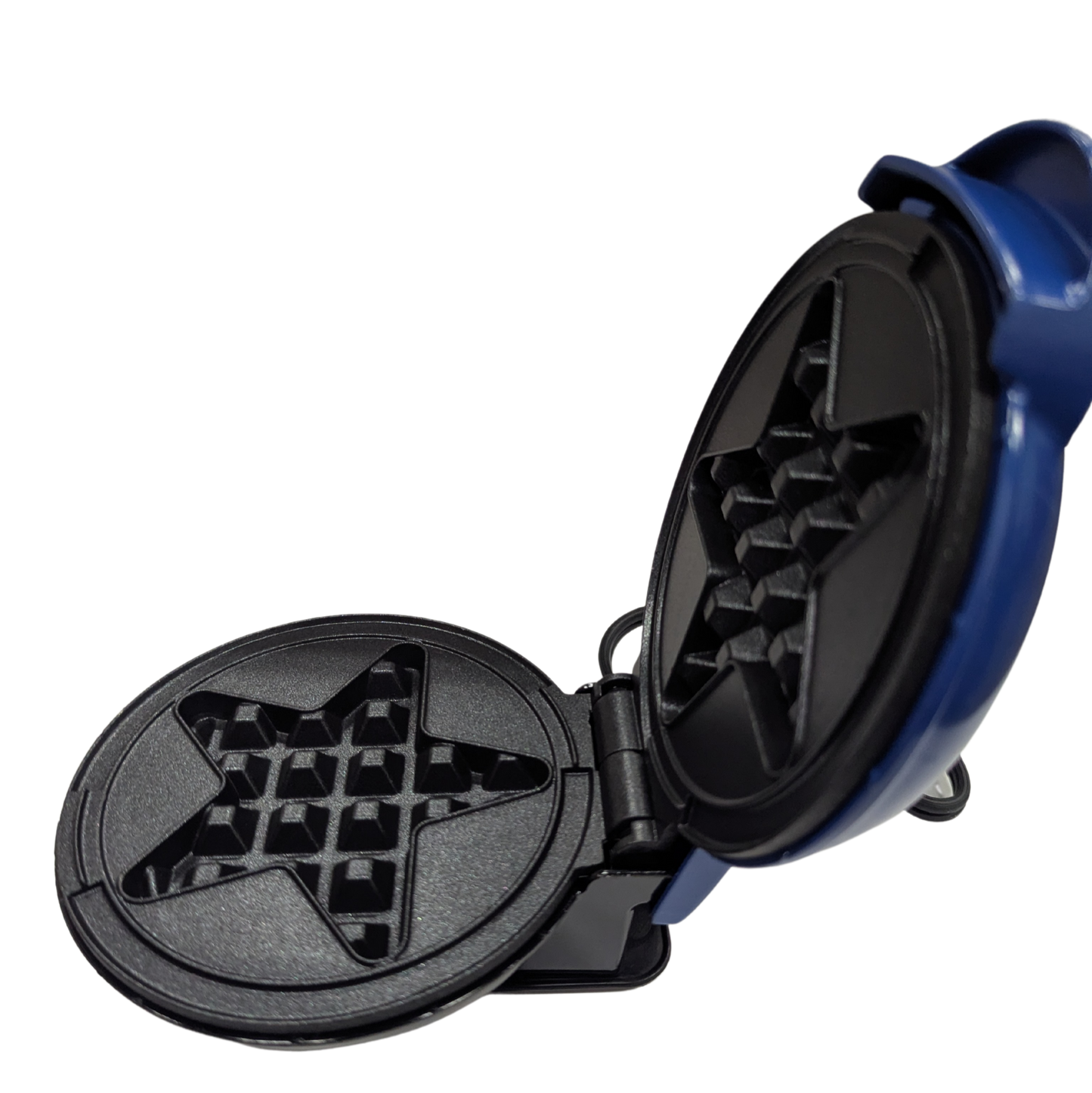 Blue and black waffle maker on a white background