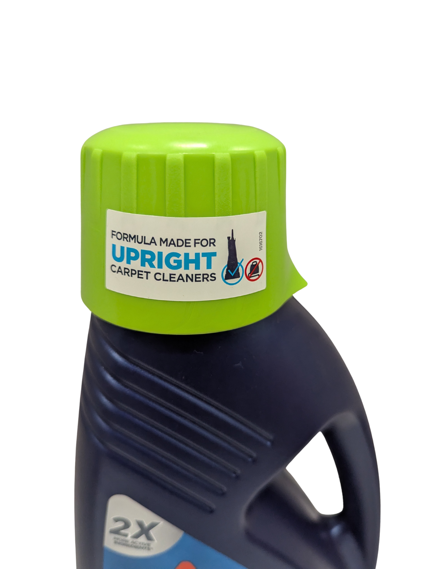 Bottle of detergent with a green cap and label on a white background