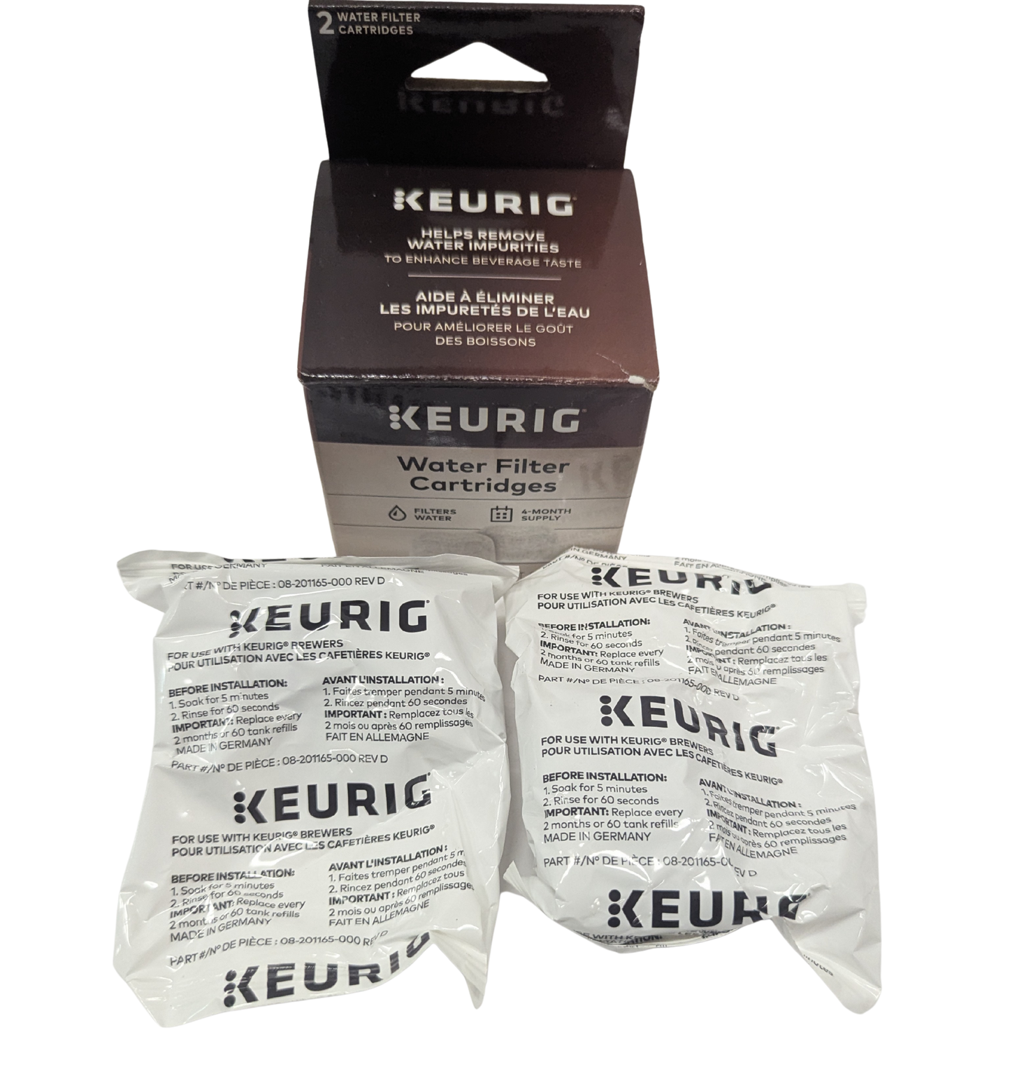 Keurig water filter cartridges with packaging on a white background