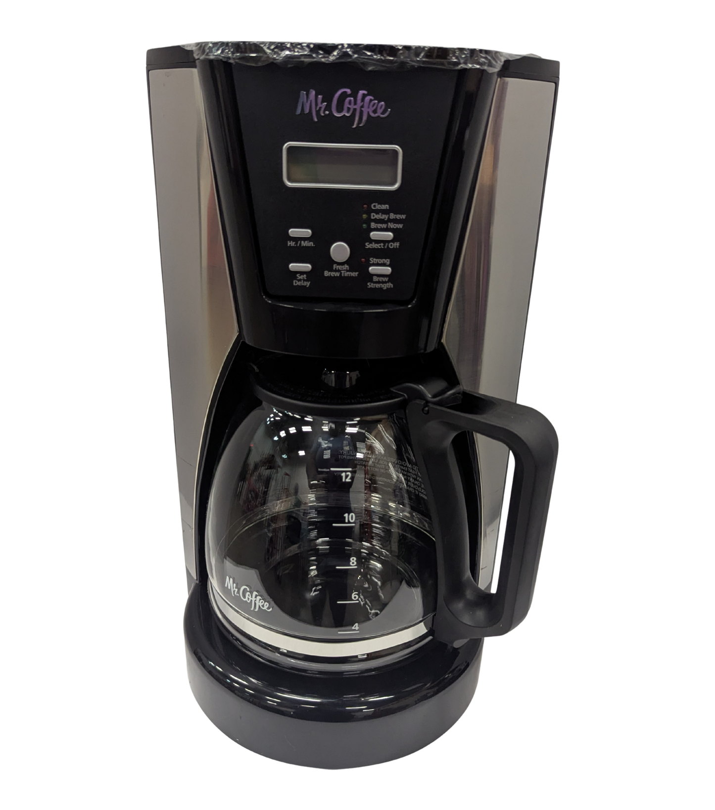 Black Mr. Coffee coffee maker on a white background