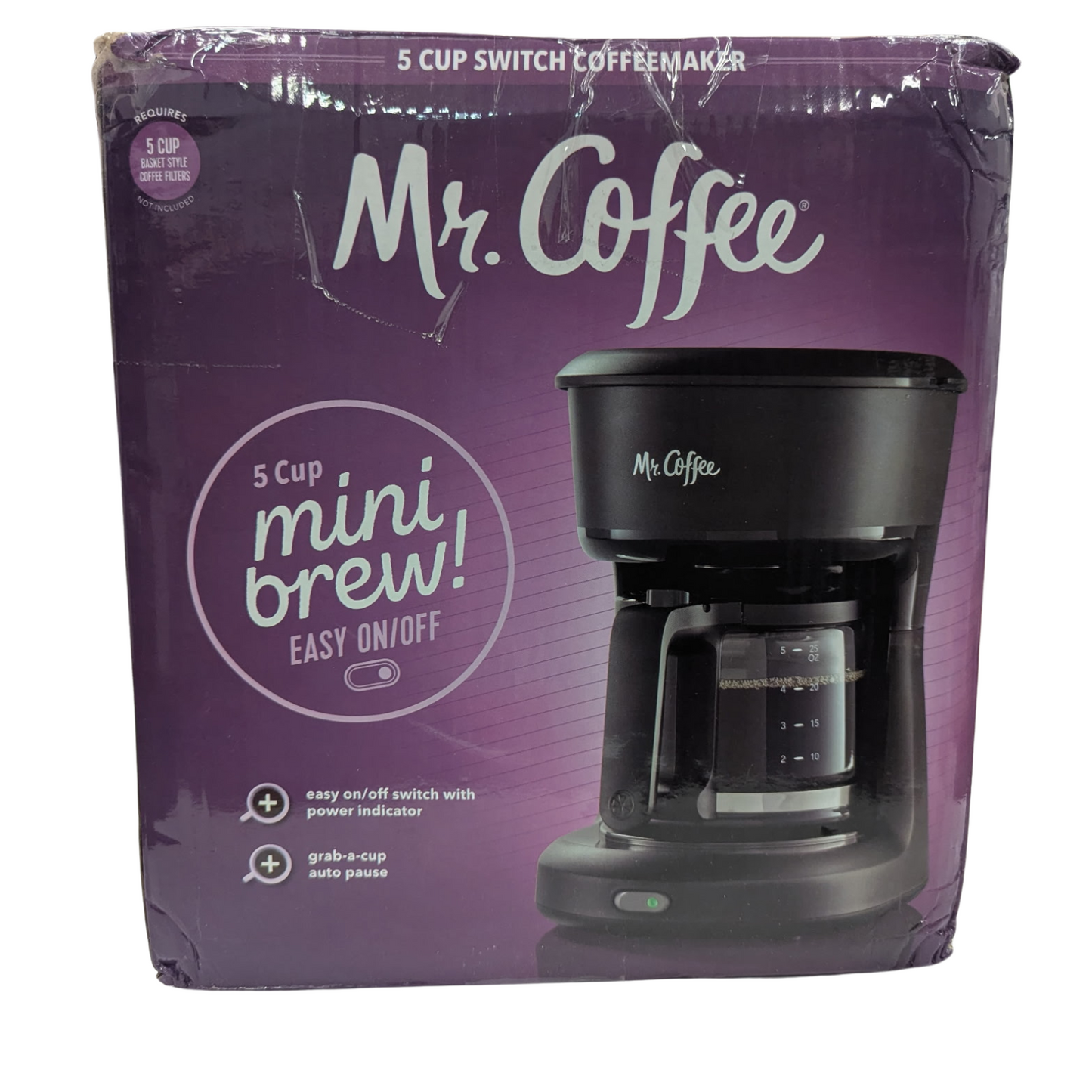 Mr. Coffee 5 cup mini brew coffee maker packaging on a white background