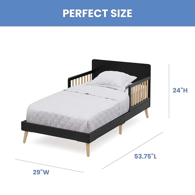 Black and beige children's bed with dimensions labeled on a white background