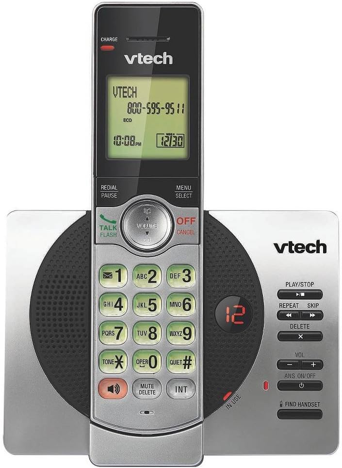 Vtech cordless phone with display and keypad on a white background