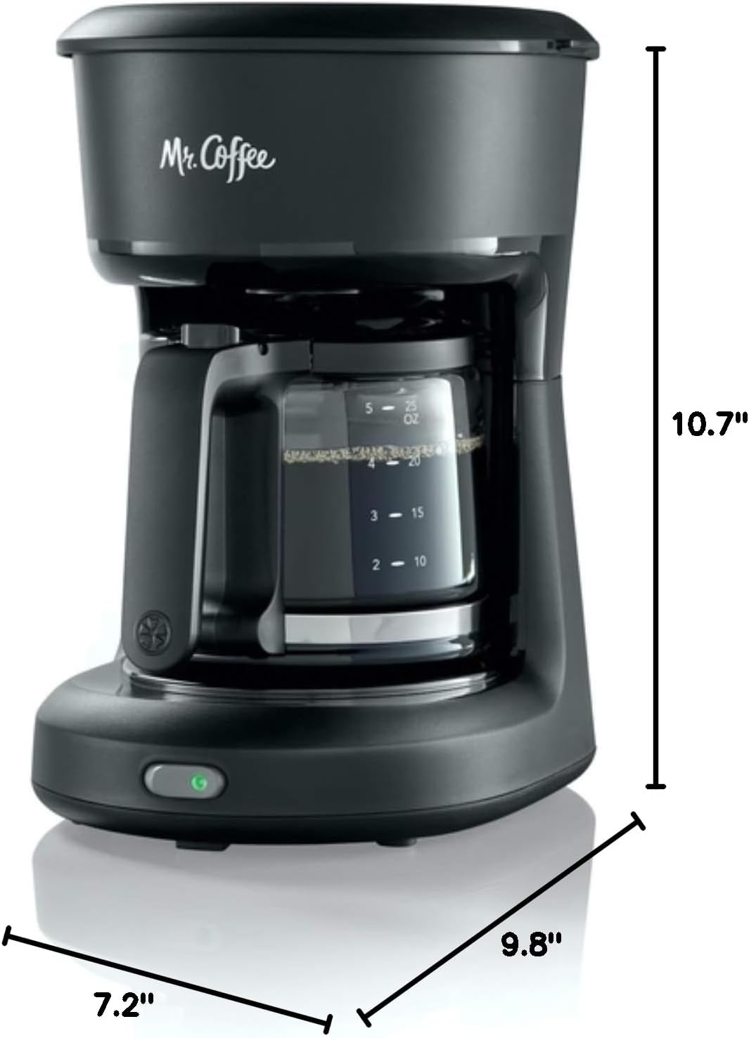 Black Mr. Coffee coffee maker with dimensions labeled on a white background