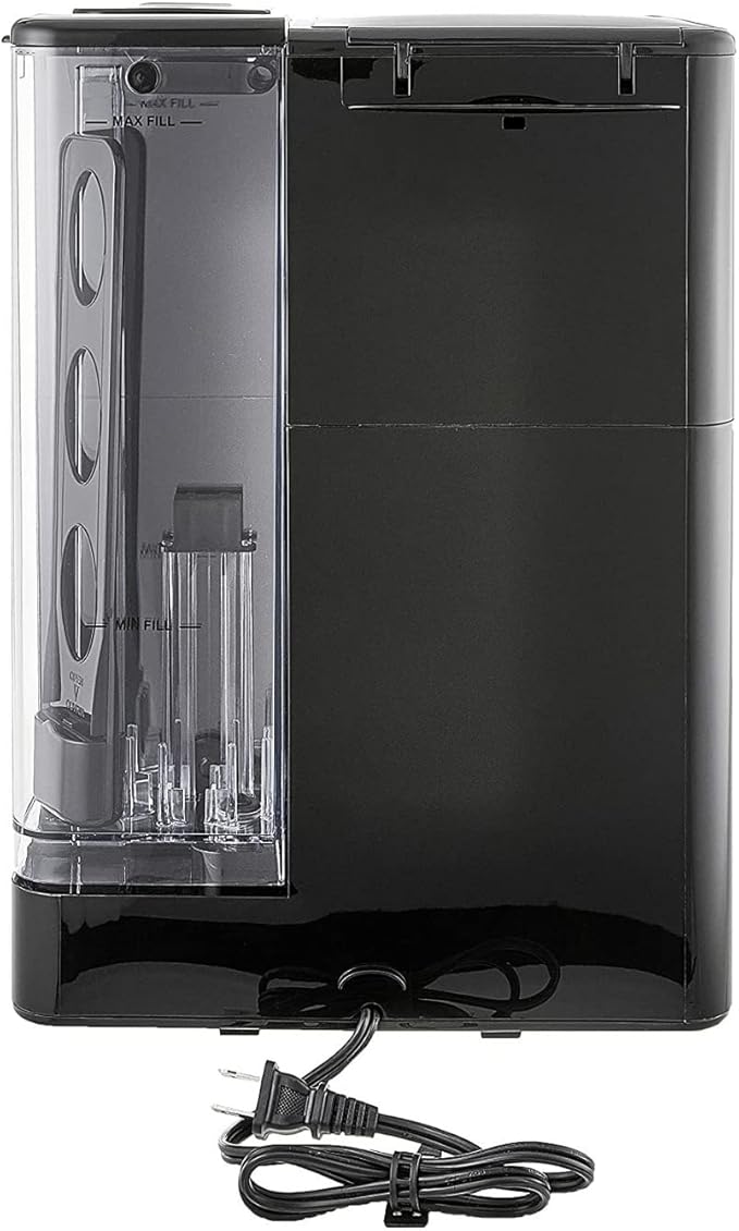 Black electronic device with clear side panel and power cord on a white background