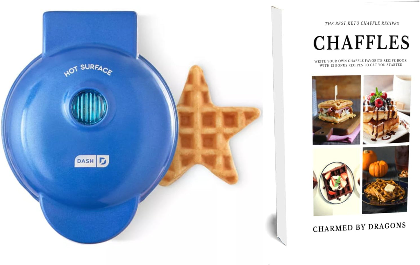 Blue waffle maker with a star-shaped waffle and a cookbook titled 'Chaffles' on a white background