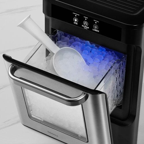 Ice maker with a container of ice and a scoop on a white background