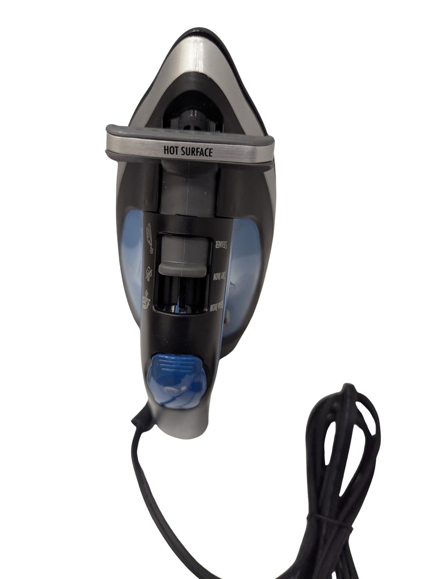 Black and silver iron with a blue light on a white background