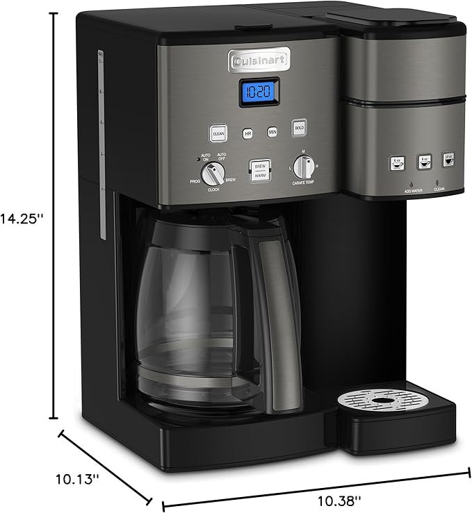 Cuisinart coffee maker with dimensions displayed
