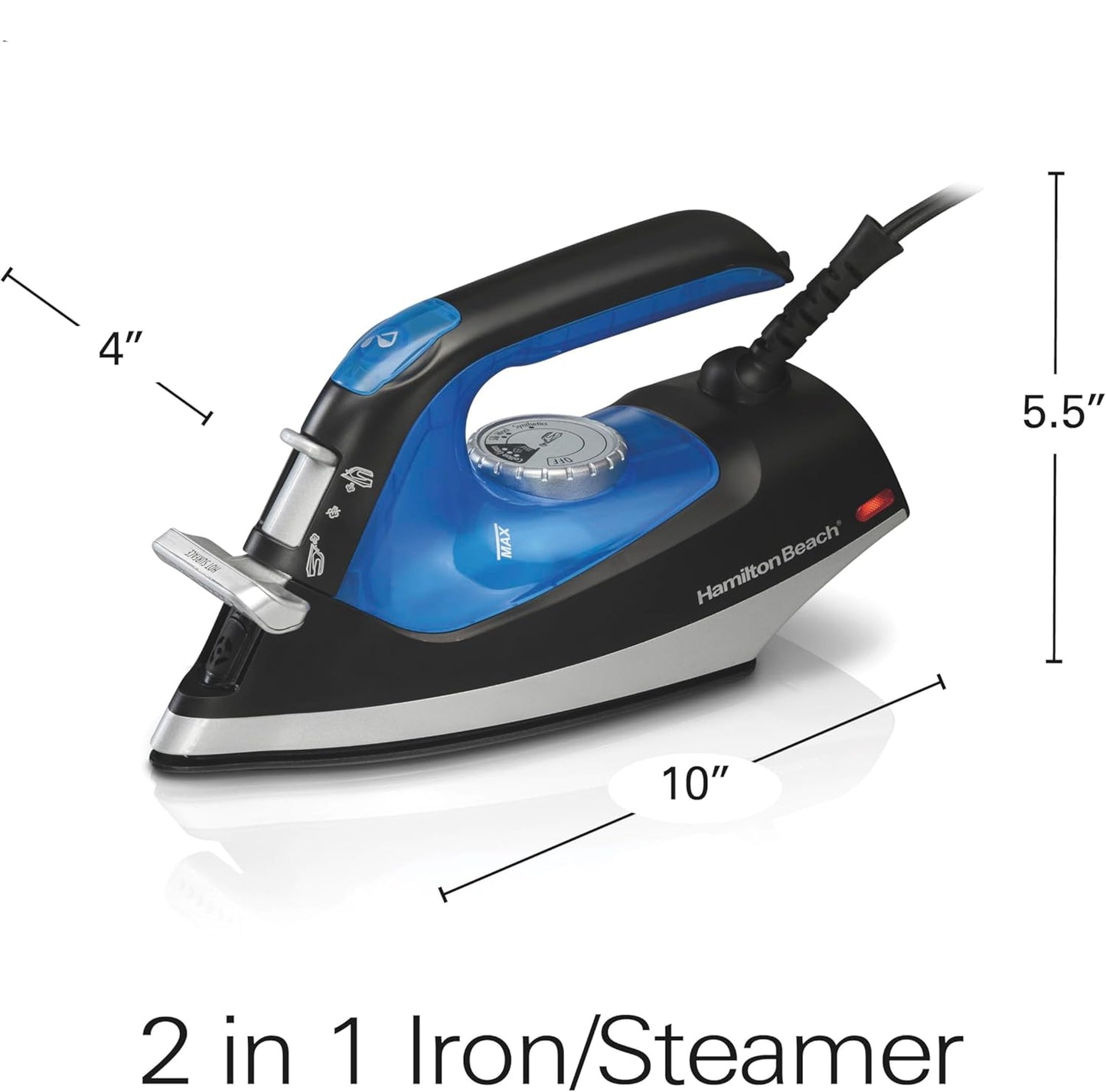 Hamilton Beach 2-in-1 iron/steamer with dimensions on a white background