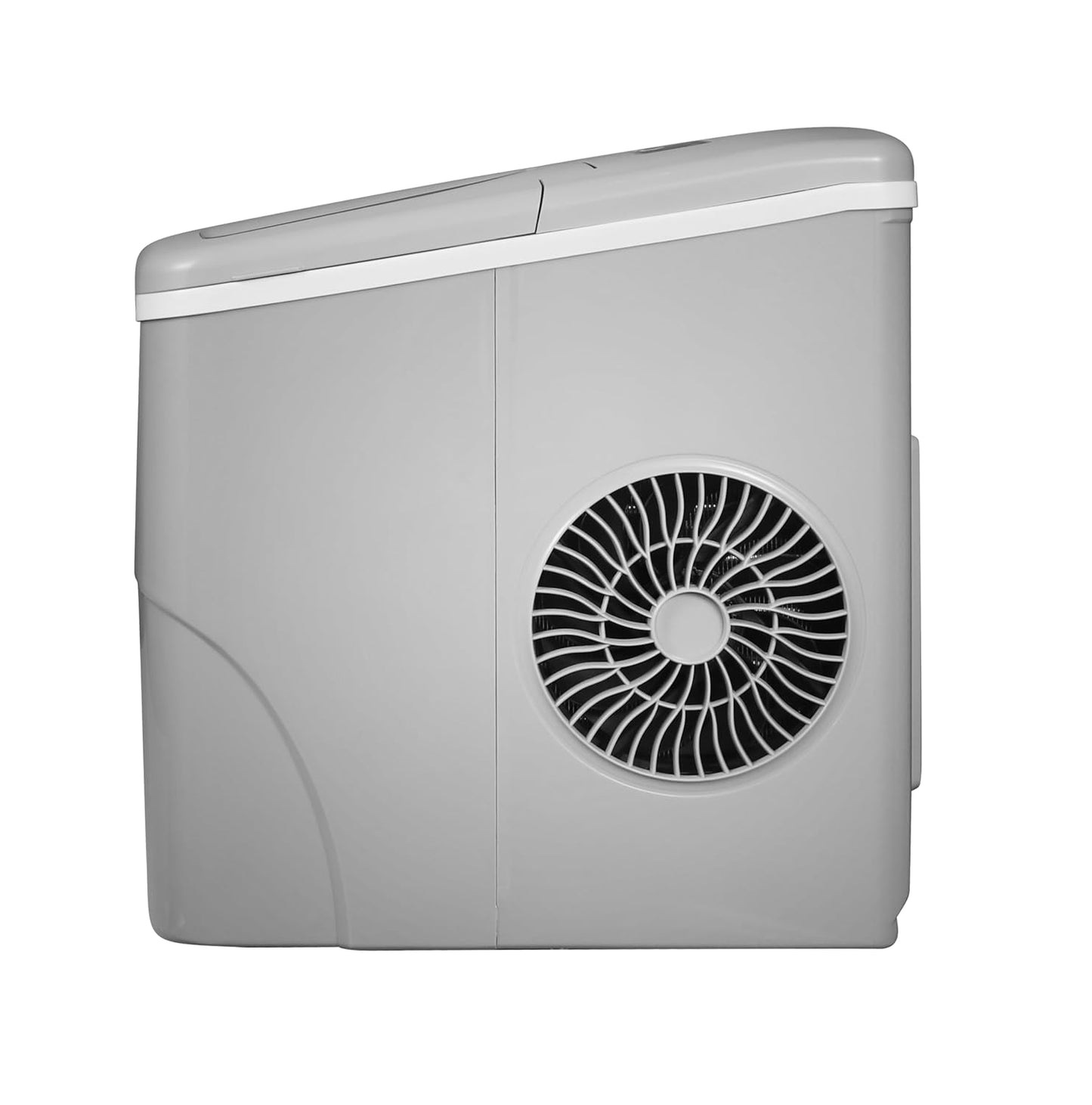 Gray air conditioning unit with a fan on a white background