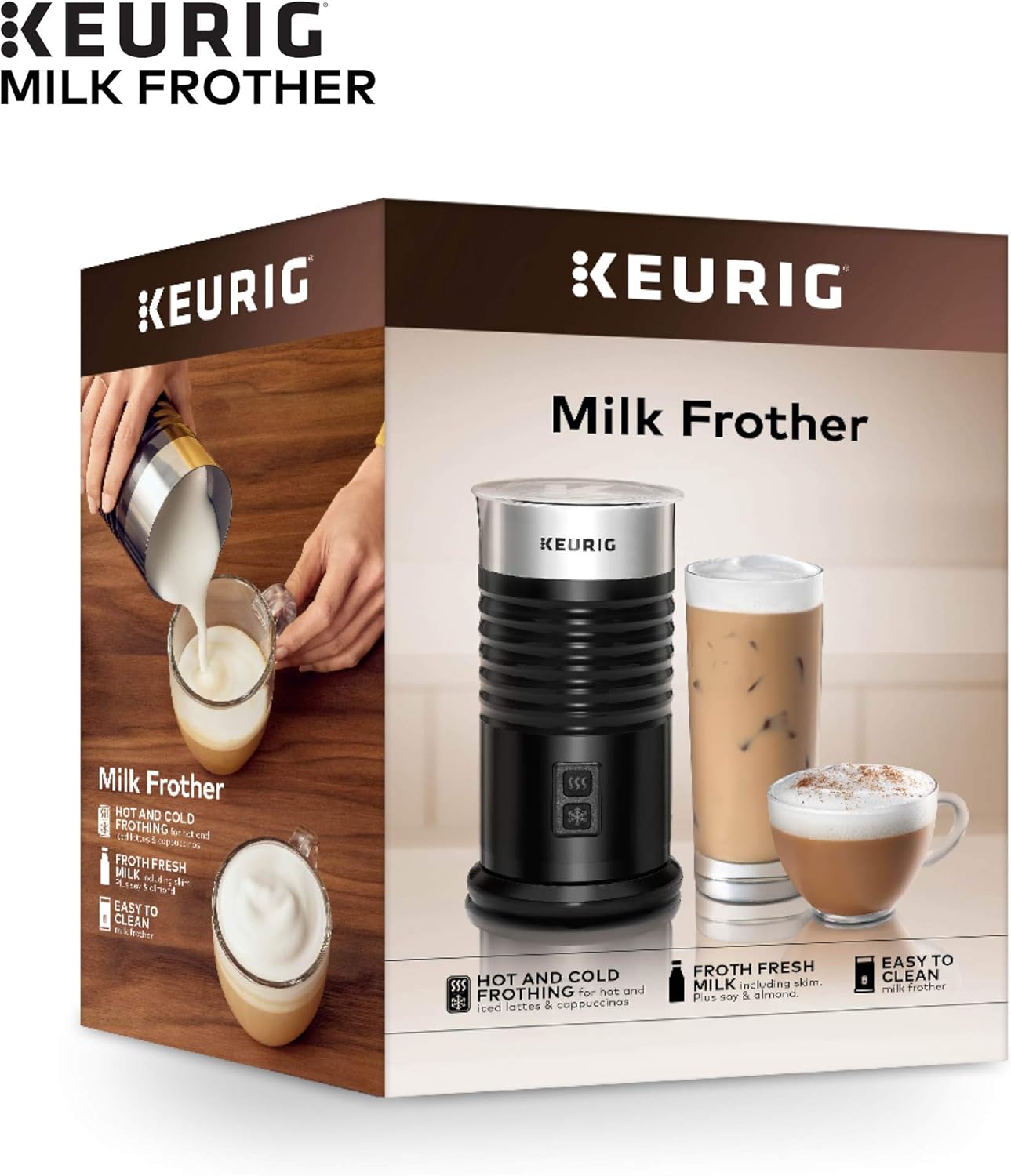 Keurig Milk Frother packaging with a wooden background and images of coffee drinks.