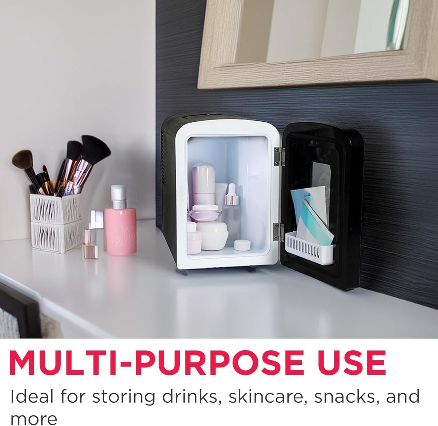 Small refrigerator with skincare products on a counter, text 'Multi-purpose use' below.