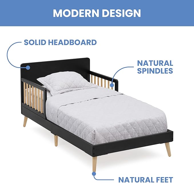 Children's bed with solid headboard, natural spindles, and natural feet, labeled as modern design features.