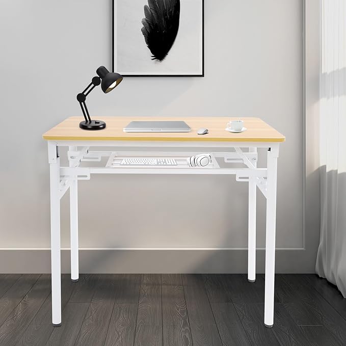 Wooden desk with white legs in a room setting