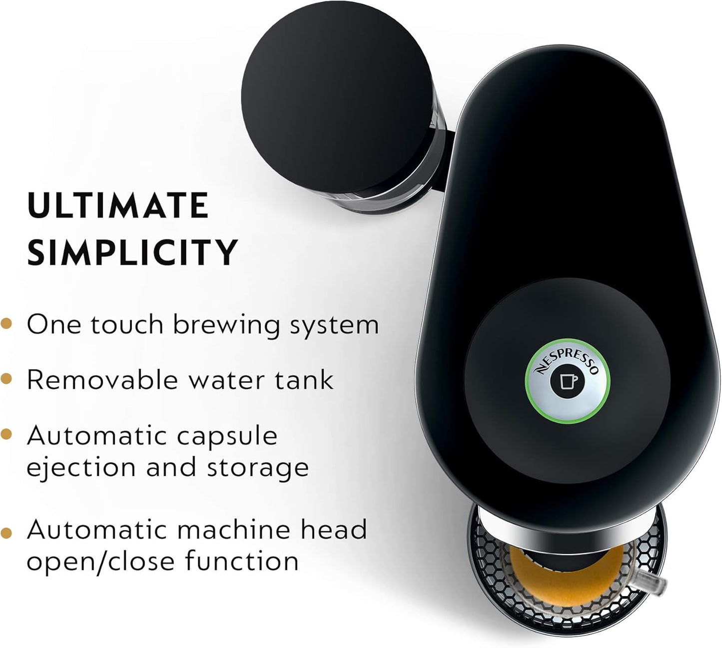 Black espresso machine with features listed on a white background