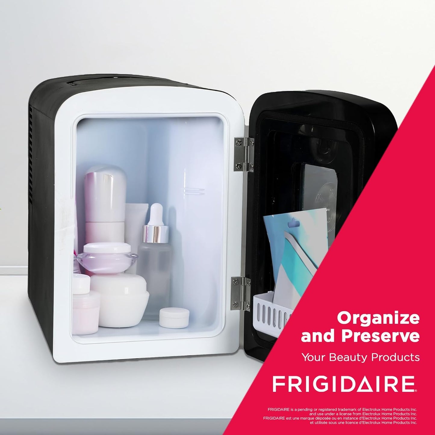 Small refrigerator with beauty products inside, branded as Frigidaire.