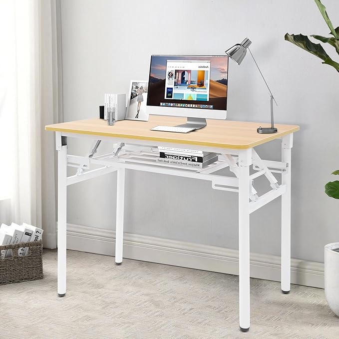 Wooden desk with a computer setup in a home office setting