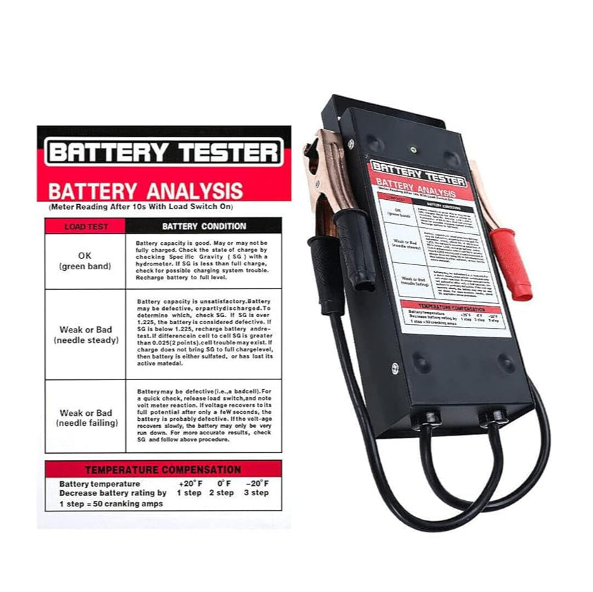 Battery tester with label on a white background