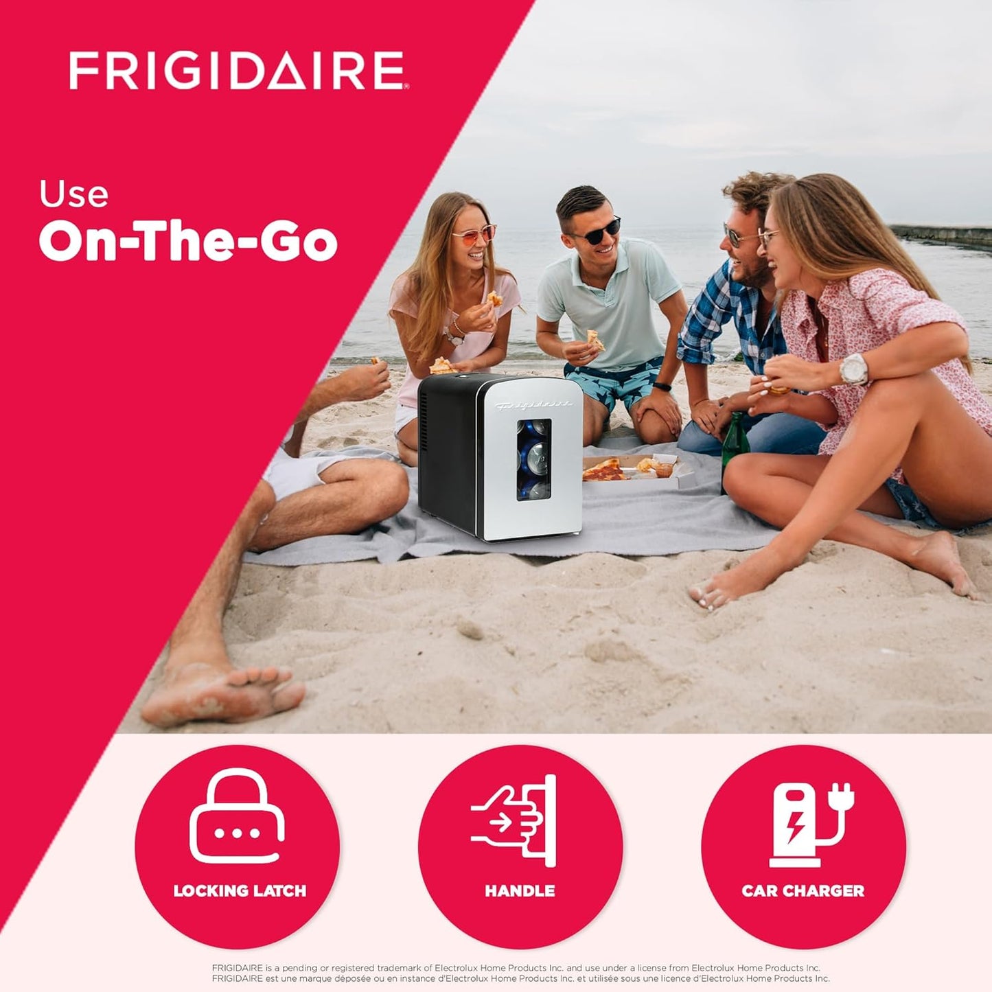 Fridgidaire portable cooler on beach with people enjoying a picnic, featuring product features like locking latch, handle, and car charger.