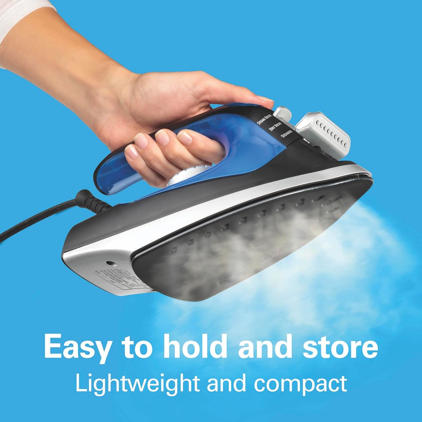 Hand holding a steam iron with text 'Easy to hold and store, Lightweight and compact' on a blue background