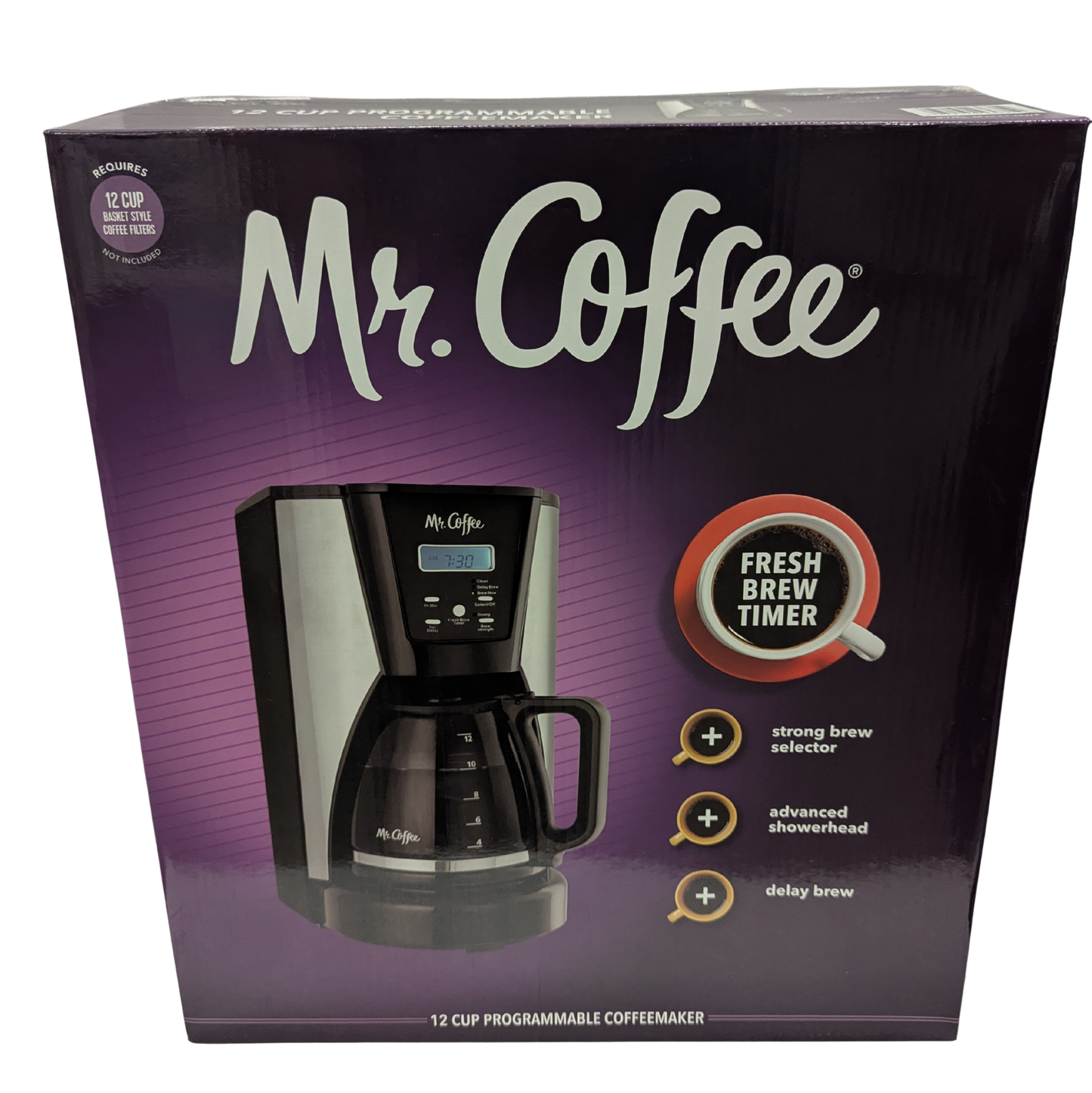 Mr. Coffee coffee maker packaging with a purple background