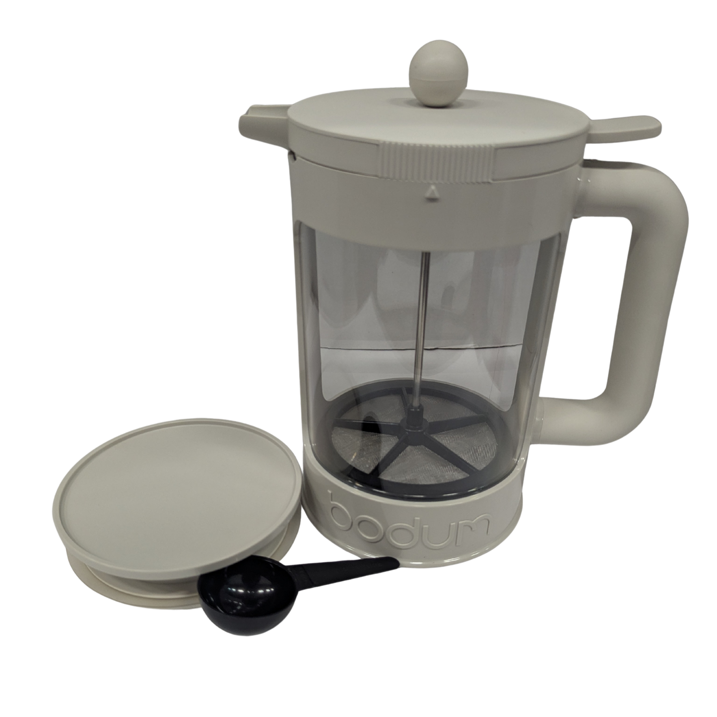 French press coffee maker with a clear glass body and gray plastic lid and handle on a white background.