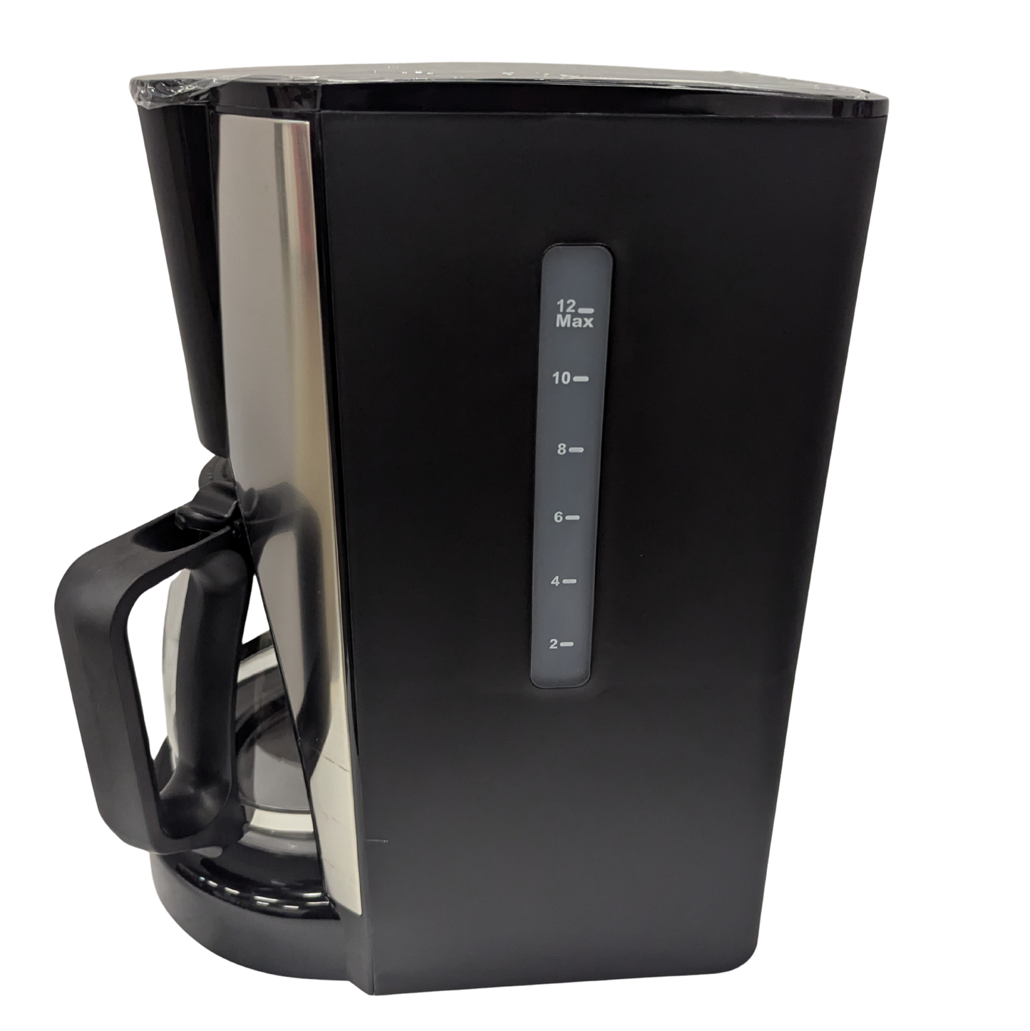 Black coffee maker with digital display on a white background