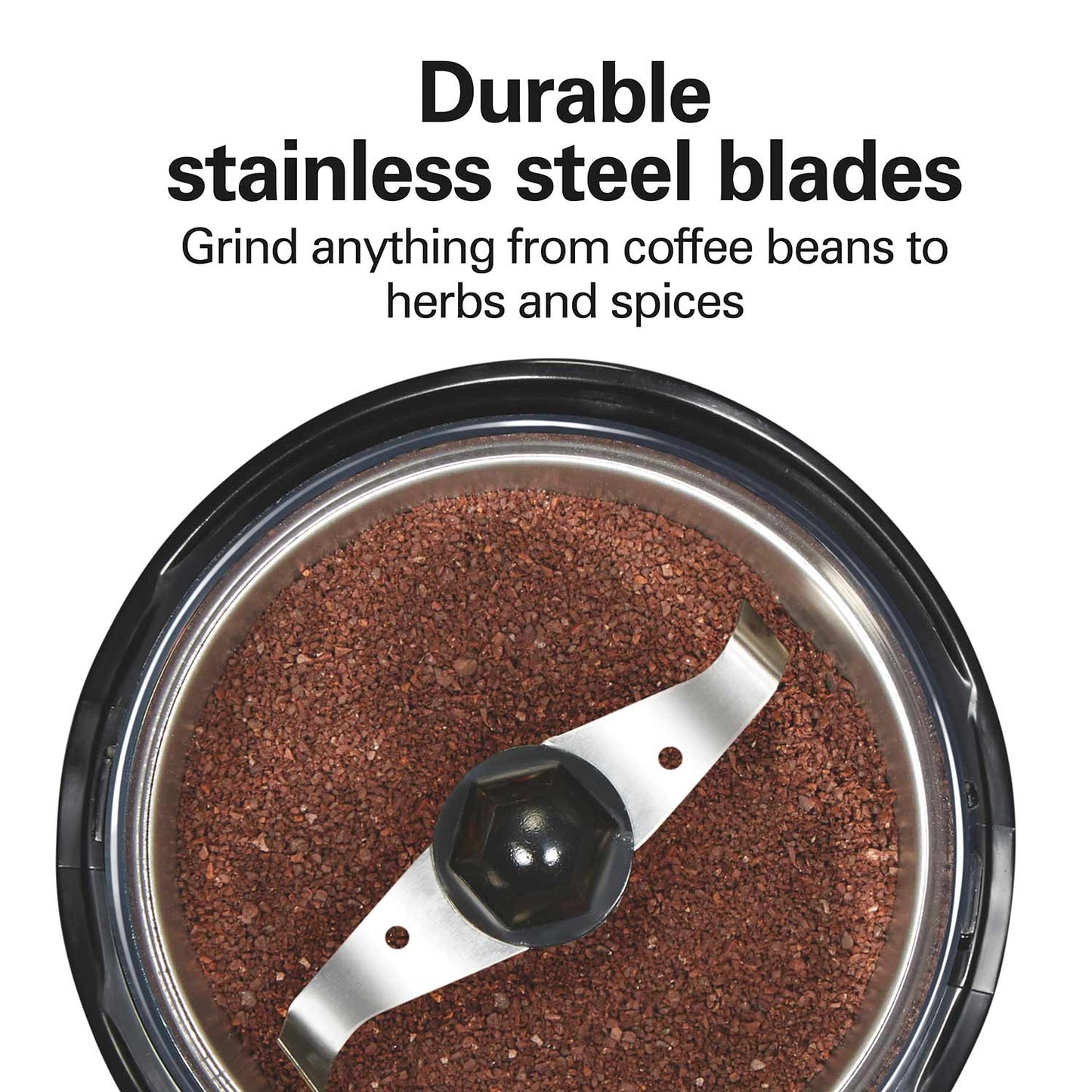 Coffee grinder with ground coffee and text about durable stainless steel blades