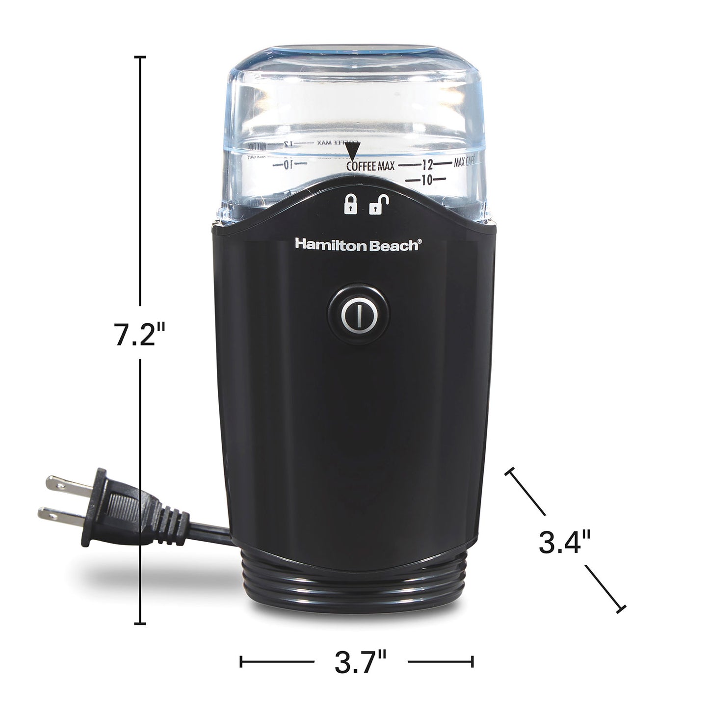 Hamilton Beach coffee grinder with dimensions on a white background
