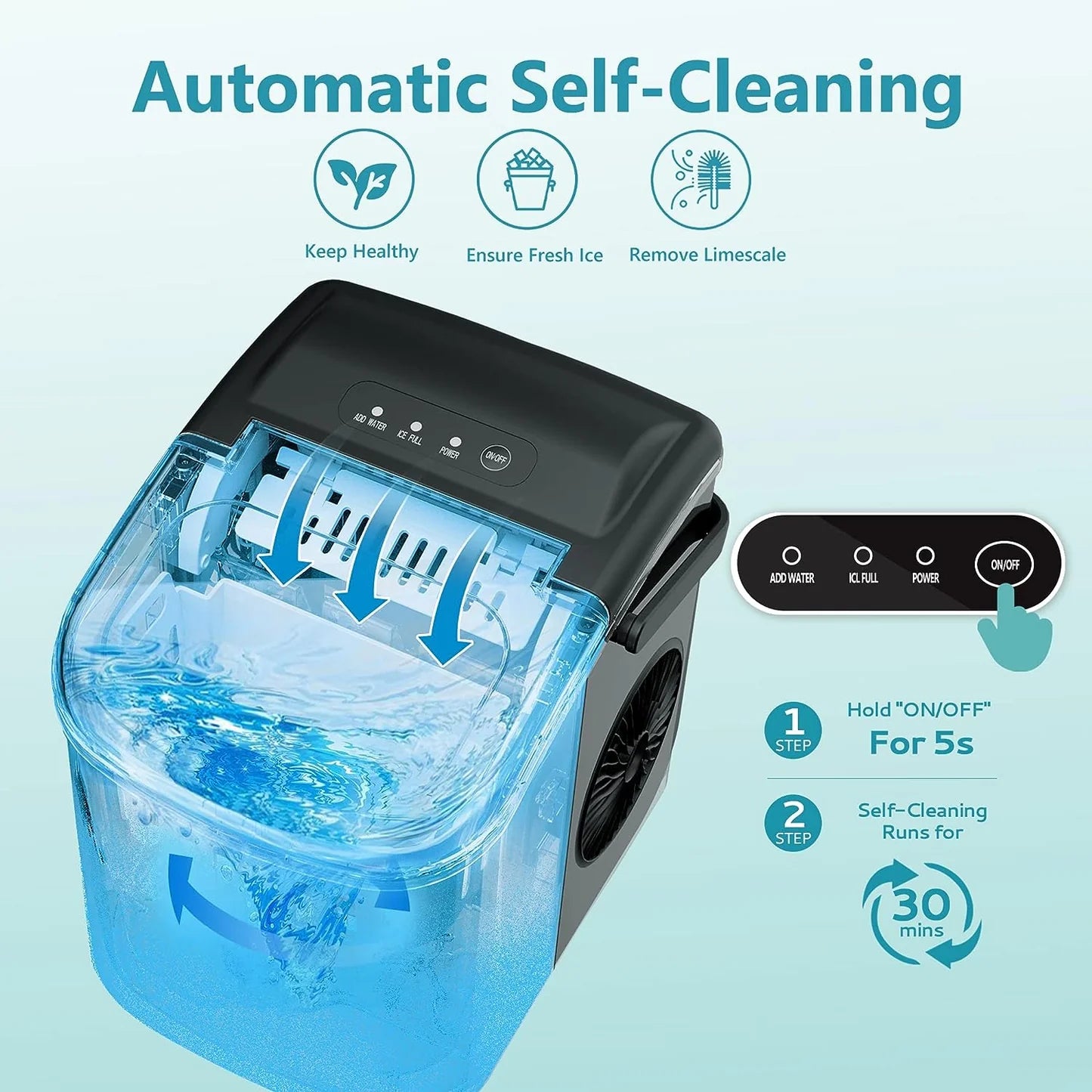 Automatic self-cleaning ice maker with blue water and black casing on a light blue background.