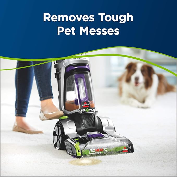 Bissell Pet Pro vacuum cleaning a carpet with a dog in the background, text 'Removes Tough Pet Messes' on a blue background.
